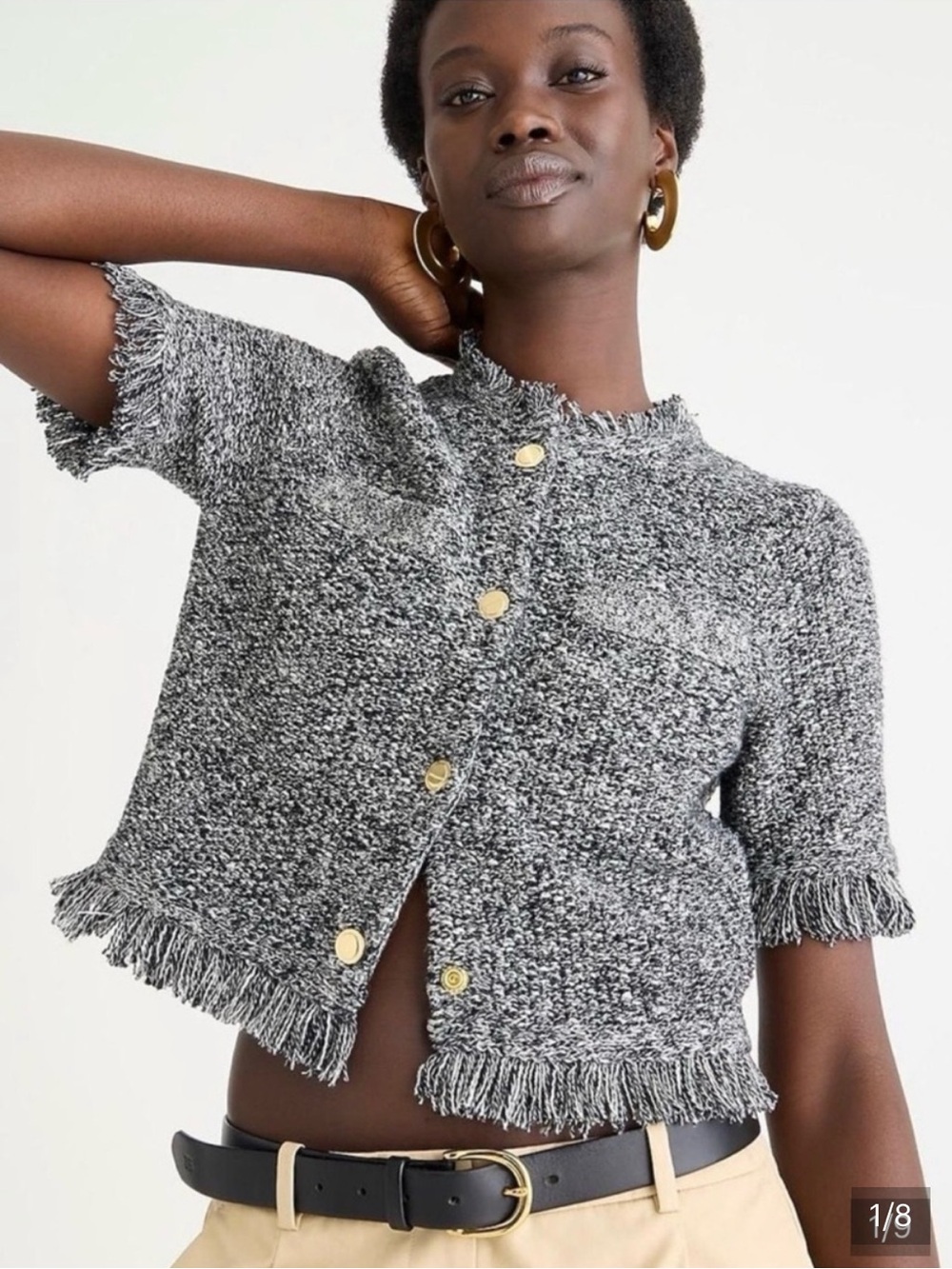 J. Crew Gray Short-Sleeve Textured Fringe Cardigan with Gold Buttons